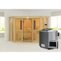 Karibu Sauna Innensauna Asta Ganzglas Fronteinstieg Ofen 9 kW externe Strg easy 245x245x202 cm mit Dachkranz