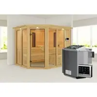 Karibu Sauna Innensauna Ava Eckeinstieg Ofen 9 kW externe Strg easy 245x210x202 cm mit Dachkranz