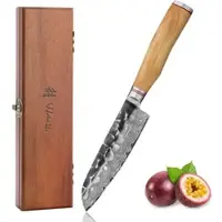 Wakoli Kleines Santokumesser I 13 cm Klinge aus 67 Lagen Damaststahl I Olivenholzgriff und Hammerschlag