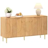 OKWISH Sideboard 140x40x72 cm Natur mit 4 Türen und verstellbaren Einlegeböden, MDF Korpus, goldfarbene Metallbeine, modernes Stauraummöbel