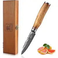 Zayiko Minami Damast Officemesser I 9 cm Klinge I Olivenholzgriff I Holzbox