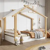STILVORA Holzbetten 90x200cm Kinderbett mit Lattenroste,ohne matratze,Jugendbett-Bettgestell mit exquisitem Holzhausdesign,Kiefer + Spanplatte +MDF,Weiß+Natur