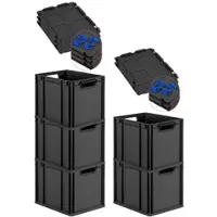 Proregal SuperSparSet 5x Eurobox Nextgen Grip Mit Scharnierdeckel Und Blauen Verschlüssen HxBxT 32x30x40cm 30 Liter Schwarz Griffe Offen