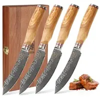 Zayiko Minami Damast 4er Steakmesser-Set 12 cm Klingen Olivenholzgriffe Holzbox