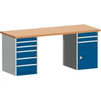 Bott Werkbank Cubio, Rotbuchenholzplatte, B 2000 x T 750 x H 840 mm, bis 1200 kg, Stahlgestell, 7 Schubladen, lichtgrau/enzianblau