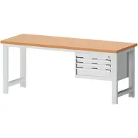 Bott Werkbank cubio, manuell höhenverstellbar, Rotbuche-Arbeitsplatte 40 mm, B 2000 x T 750 x H 740-1140 mm, Stahlgestell, lichtgrau RAL 7035