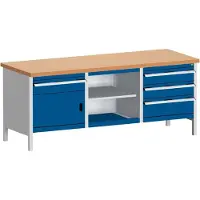 Bott Kastenwerkbank cubio, Stahlgestell, Arbeitsplatte Rotbuchenholz, B 2000 x T 750 x H 840 mm, enzianblau/lichtgrau