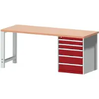 Bott Werkbank cubio, mit Schubladenschrank, Rotbuchenholz, B 2000 x T 750 x H 840 mm, 700 kg, lichtgrau RAL 7035/purpurrot RAL 3004
