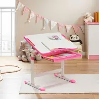 CARO-Möbel Kinderschreibtisch VITA weiß/rosa höhenverstellbar und neigbar, Schreibtisch für Kinder mit Schublade, Tisch mit Rinne für Stifte und Rucksackhalterung