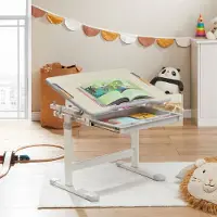 CARO-Möbel Kinderschreibtisch VITA Sonoma Eiche/grau höhenverstellbar und neigbar, Schreibtisch für Kinder mit Schublade, Tisch mit Rinne für Stifte und Rucksackhalterung