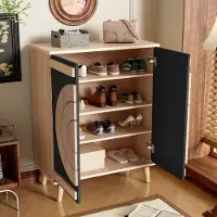OKWISH Schuhschrank MDF Schwarz 76x37x98,5 cm mit geschlossenen Türen, mehrstufigem Stauraum und Massivholzbeinen