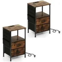 Costway Nachttisch mit LED und Ladestation, 2er-Set Beistelltisch mit 2 Schubladen und Seitentaschen, 38 x 30 x 60 cm