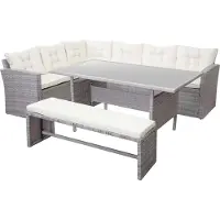 Mendler Poly-Rattan-Garnitur MCW-A29, Gartengarnitur Sitzgruppe Lounge-Esstisch-Set Sofa hellgrau, Kissen creme + Bank