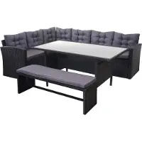 Mendler Poly-Rattan-Garnitur MCW-A29, Gartengarnitur Sitzgruppe Lounge-Esstisch-Set, schwarz Kissen dunkelgrau, mit Bank