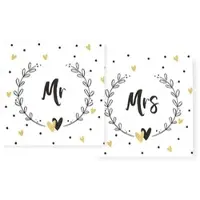 Home Fashion , Mr&Mrs, Cocktail-Servietten 25 cm x 25 cm, im Viertelfalz, 2 Designs je Packung, 10+10 Stück pro Pack, 12 Pack pro Karton