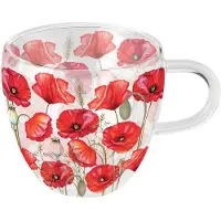 Ambiente Tasse im rotem Mohn Blumen Motiv 10cm Glas doppelwandig - 0,2L Glastasse Glasgeschirr Kaffeeglas Teeglas Kaffeetasse Teetasse Kakaotasse