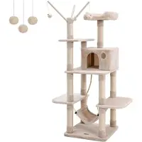 Feandrea Kratzbaum XXL 154cm mit Höhle und Hängematte und Spielsisal für 3-4 Katzen beige PCT86M