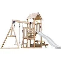 Axi Mette Spielturm aus Holz mit 2 Schaukeln | XXL Spielhaus / Spielplatz für Kinder mit Picknicktisch, Sandkasten & Rutsche, Weiß | Schaukelgerüst für den Garten