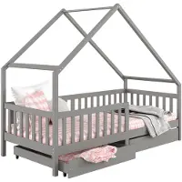 Idimex Hausbett ALVA aus Kiefer Massivholz, grau - Kinderbett mit Dach, Tipibett mit Schubladen, Kinderzimmer Bett, Bodennahes Bett Montessori, ideal für Dachschrägen