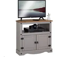 CARO-Möbel TV Rack RAMON 85 cm Regal TV Schrank Kiefer massiv im Mexiko Stil, grau gebeizt/gewachst, 2 Türen, 1 offenes Fach