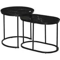 OKWISH Couchtisch Set 2teilig stapelbar rund oval 50x50x51 cm Marmoroptik Schwarz mit Stahlrahmen verstellbaren Füßen pflegeleichte MDF Platten