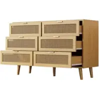 OKWISH Kommode 120x40x76 cm mit 6 Schubladen Eiche Schubladenschrank Schlafzimmer Büro Retro Design Rattanoptik