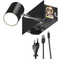 Ledscom.de Wandleuchte WAIKA, 1-flammig, Schalter, schwarz, 1 Steckdose, USB-C, USB-A, 1x GU10 max. 15W
