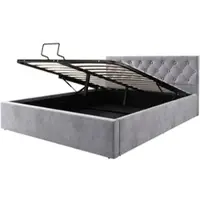 OKWISH Polsterbett 140x200 Grau mit Hydraulikfunktion,Samt Elegantes Bett mit Stauraum und Knopfoptik Doppelbett für kleine Schlafzimmer Boxspringbett Grau