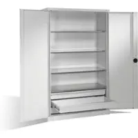 C+P Schwerlastschrank mit Drehtüren, 4 Böden und 3 Schübe, H1950xB1200xT500mm Front Lichtgrau Korpus Lichtgrau