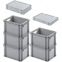 Proregal 5x Eurobehälter mit offenem Griff und Scharnierdeckel | HxBxT 23,5x30x40cm | 22 Liter | Grau | Eurobox