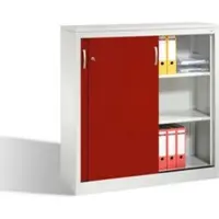 C+P Akten-Sideboard Acurado mit Schiebetüren, 3 Ordnerhöhen, H1200xB1200xT400mm Front Rubinrot Korpus Lichtgrau
