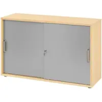 Bümö Schiebetürenschrank 2OH - Aktenschrank abschließbar, Sideboard Schrank mit Schiebetüren in Ahorn/Silber, Streifengriff - Büroschrank aus Holz