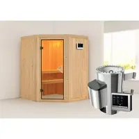 Karibu Sauna Innensauna Nanja Eckeinstieg Ofen 3,6 kW intgr. Strg 165x165x202 cm mit Dachkranz mit Graphittür