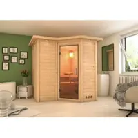 Karibu Sauna Innensauna Sahib 2 Eckeinstieg ohne Zubehör 264x198x214 cm mit Dachkranz mit Klarglastür