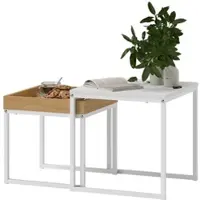 MODFU Couchtisch 2er Set ineinander schiebbar 45x45x45 cm mit abnehmbarem Tablett MDF melaminbeschichtet Stahlgestell Weiß+Eiche Optik