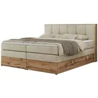 MKS Meble Boxspringbett, Doppelbett mit zwei Multipocket-Matratzen ALBERO 1 KING, Bettkästen und Kopfteil, Holzkiste in Wotan-Eichenfarbe - 120x200 cm - H4 - Beige Velvet