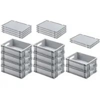 Proregal 10x Eurobehälter mit offenem Griff und Scharnierdeckel | HxBxT 12x30x40cm | 11 Liter | Grau | Eurobox