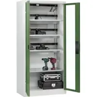 C+P Akkuladeschrank Acurado, abschließbar, mit Lüftung + Inneneinrichtung, B 930 x T 500 x H 1950 mm, Stahl, resedagrün RAL 6011/lichtgrau RAL 7035