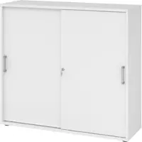 Bümö Schiebetürenschrank 3OH - Aktenschrank abschließbar, Sideboard Schrank mit Schiebetüren in weiss, Chromgriff - Büroschrank aus Holz mit