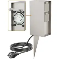 Ledscom.de Garten-Steckdosensäule POMI mit Erdspieß und 2m Kabel für außen, IP44, Timer/Zeitschaltuhr, 2-fach, edelstahl, eckig, 23cm