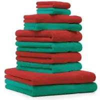 Betz 10-tlg. Handtuch-Set CLASSIC 100% Baumwolle 2 Duschtücher 4 Handtücher 2 Gästetücher 2 Seiftücher Farbe smaragdgrün und rot