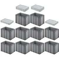 Proregal SuperSparSet 10x Eurobehälter mit Geschlossenem Griff und Scharnierdeckel HxBxT 42 x 40 x 60 cm 70 Liter Grau Eurobox Transportbox