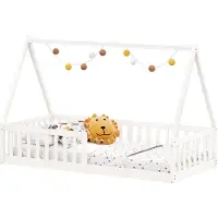 Idimex Hausbett NICOLAS 90 x 190 cm weiß - bodentiefes Kinderbett inkl. beidseitigem Rausfallschutz, Montessori Bett aus Massivholz