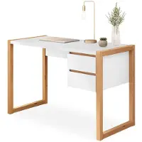 Idimex Schreibtisch BELINDA mit 2 Schubladen, Weiß/Eiche – Home Office Tisch aus Kiefer Massivholz, Modernes Design mit praktischem Stauraum