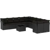 vidaXL 11-tlg. Garten-Sofagarnitur mit Kissen Schwarz Poly Rattan