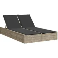 vidaXL Doppel-Sonnenliege mit Kissen Hellgrau Poly Rattan
