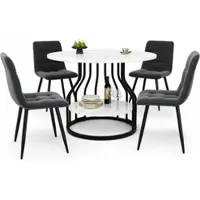 STILVORA Esstisch Set 80x80x76 Rund Modern MDF Marmortisch Metallgestell 4 Samt Stühle Komfort Essgruppe Schwarz Grau Stilvoll