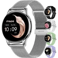 Maoo Ventura AMOLED Smartwatch Damen, RVS und 3x Silikonarmband, Schrittzähler, Herzfrequenzmesser, Schlafmonitor, Multisport, Android & iOS, Silber