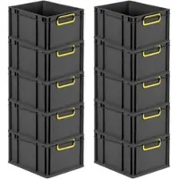 Proregal SparSet 10x Eurobox NextGen Color, HxBxT 22x30x40cm, 20 Liter, Griffe gelb zu, Schwarz, Eurobehälter, Transportbehälter