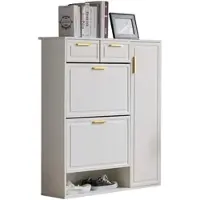 OKWISH Schuhschrank 95x24x107 Weiß mit verstellbaren Regalen 2 Schubladen goldene Griffe MDF Spanplatte Flur Eingangsbereich Anti-Kipp